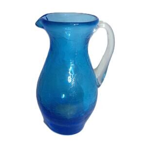 Vintage Blue Crackle Glass Mini Pitcher 4" Hand Blown Clear Handle Pontil MCM